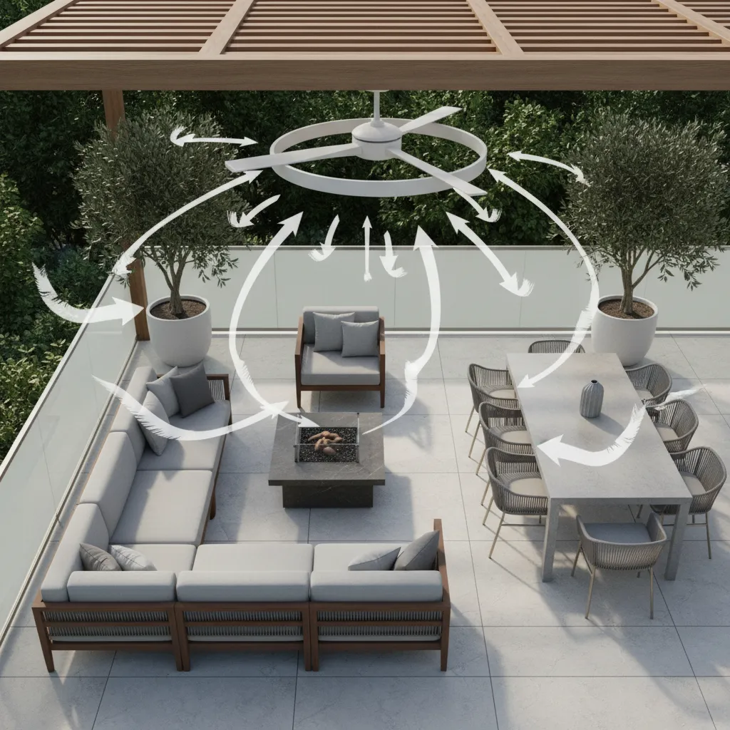 diagram style patio layout showing airflow coverage from outdoor ceiling fan