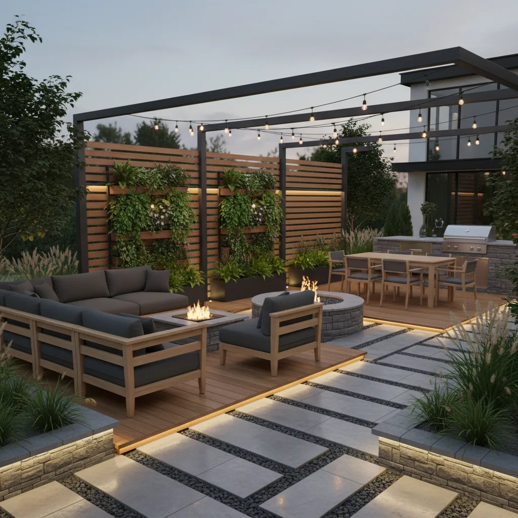 Patio design with plants and screens providing privacy and airflow