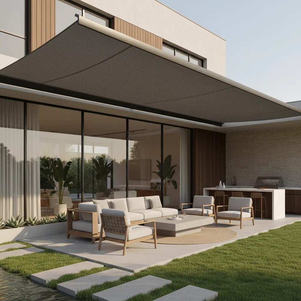 patio with retractable awning shading large sliding glass doors