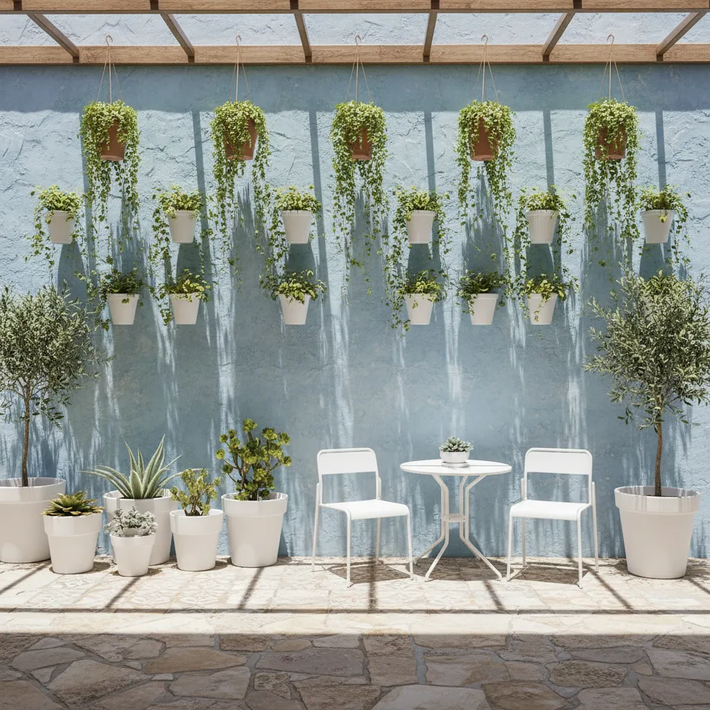 Pequeño patio interior con pared azul clara y plantas colgantes