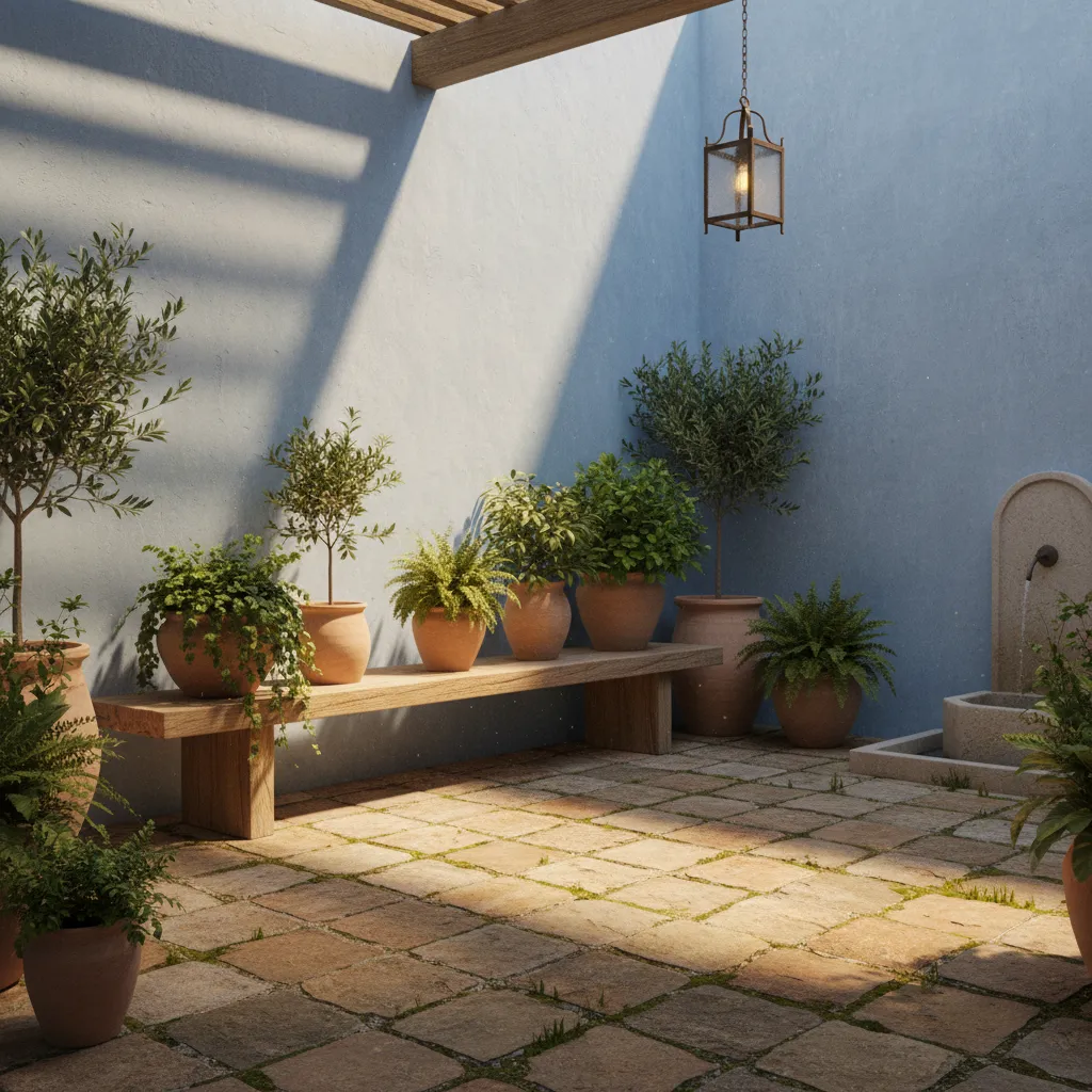 Patio interior con tonos azules combinados con madera natural