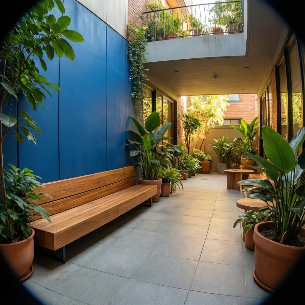 Patio interior combinando azul con madera y vegetación