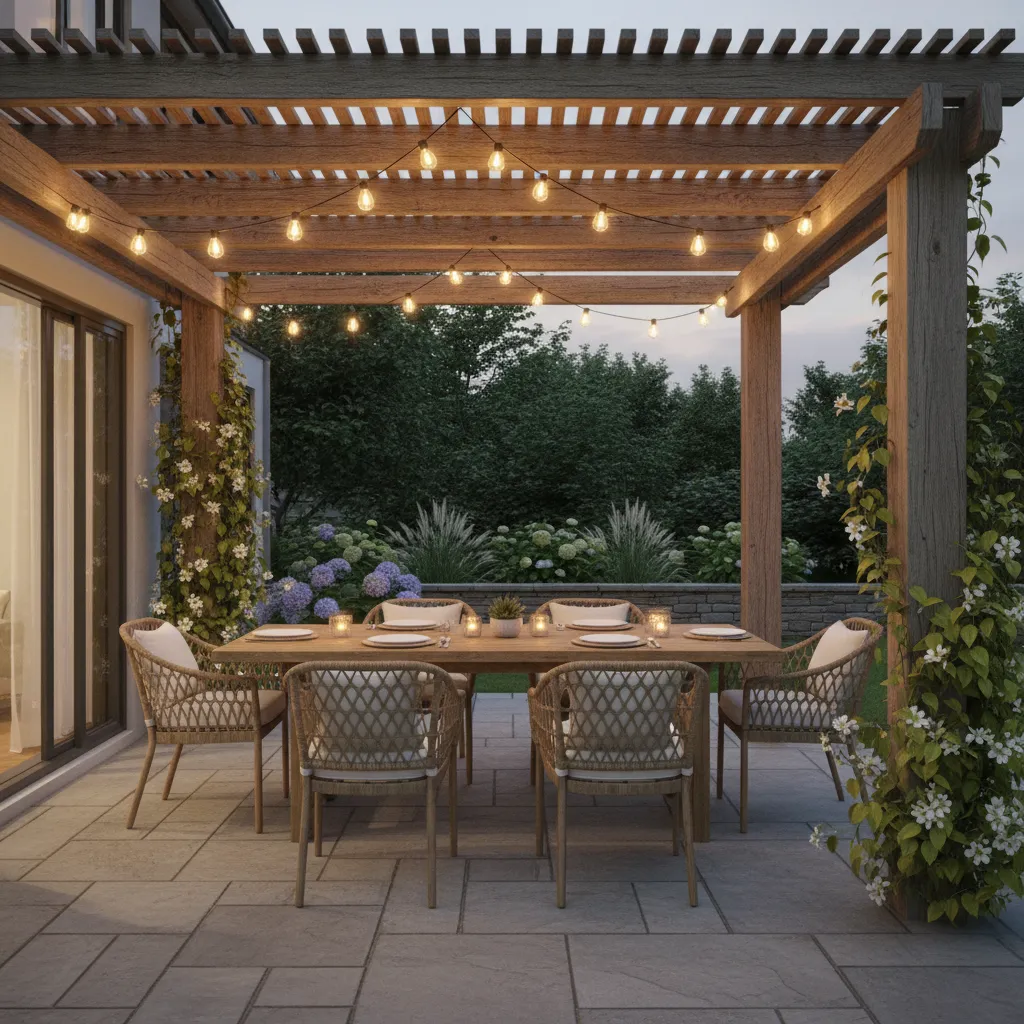 Outdoor patio with hanging bistro string lights across a backyard seating area