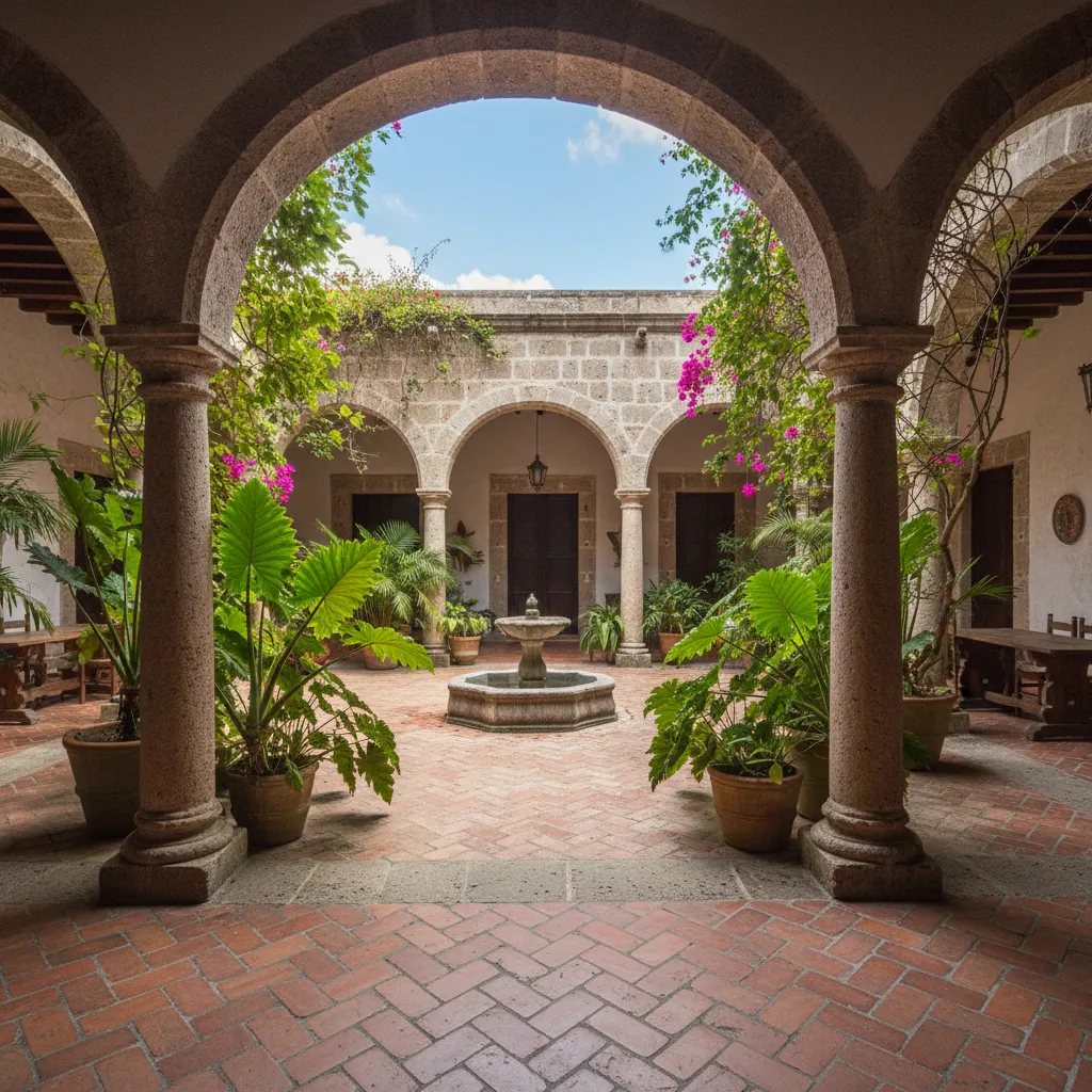 Patio interior de casa colonial con arcos y vegetación
