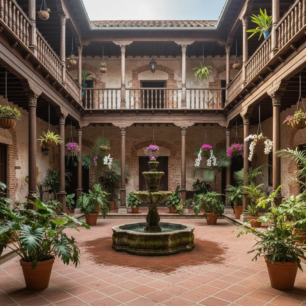 Patio interior de una casa colonial con columnas y jardín