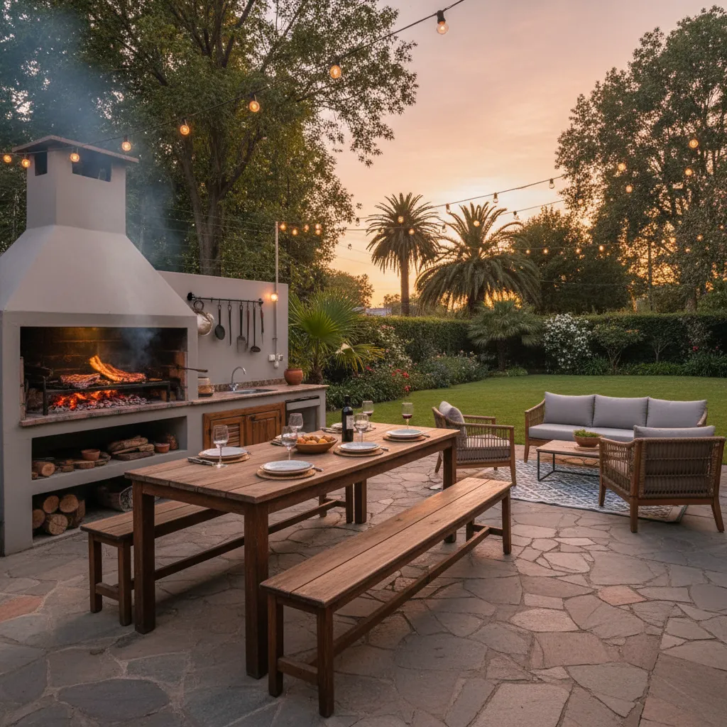 Outdoor patio at sunset with stone grill, wooden dining table, benches, and festive string lights