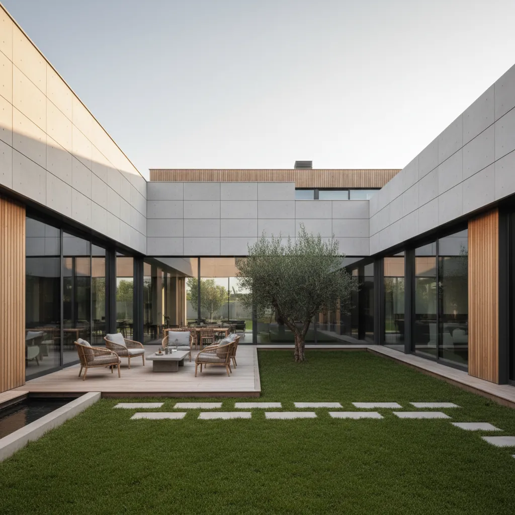 Patio interior de una casa moderna en forma de L con terraza y jardín