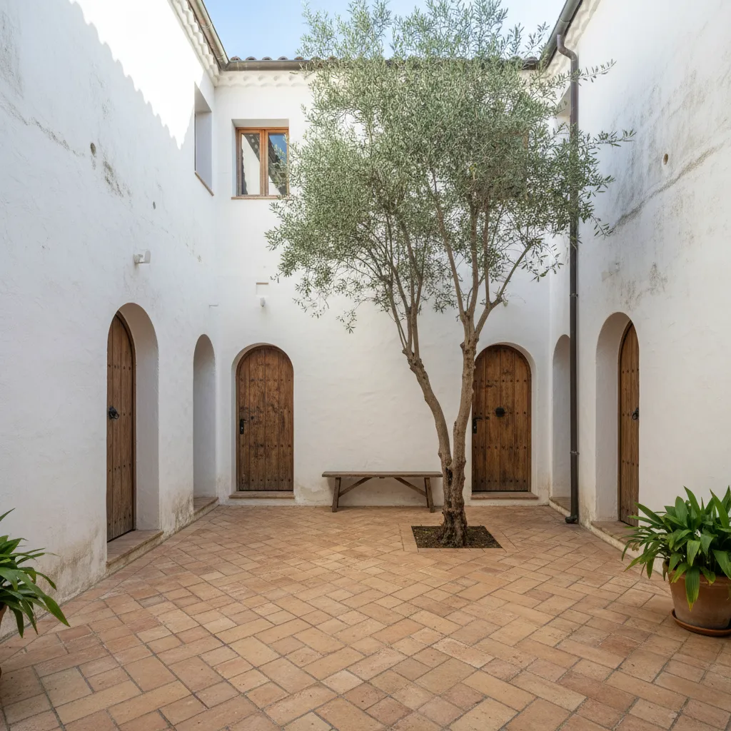 Patio interior mediterráneo con muros blancos y plantas naturales