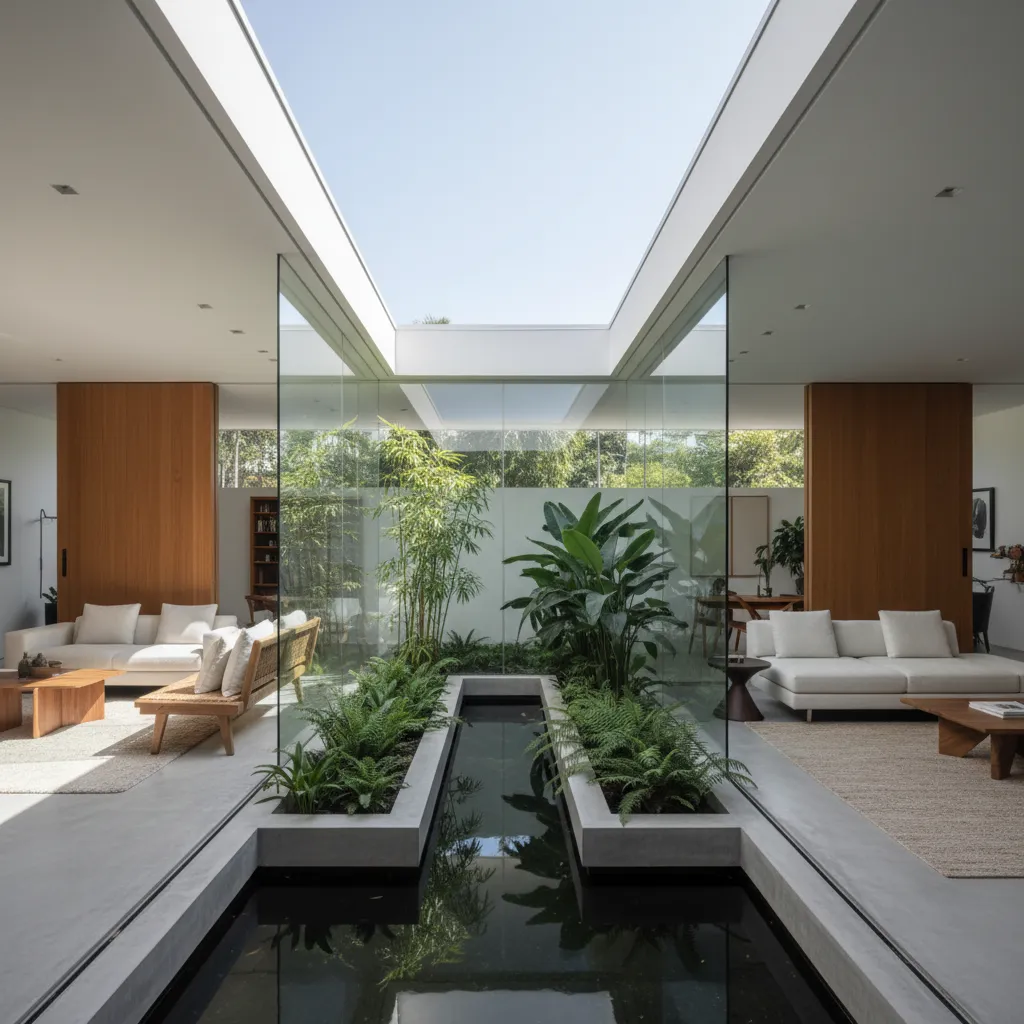 Patio interior en casa moderna de una planta