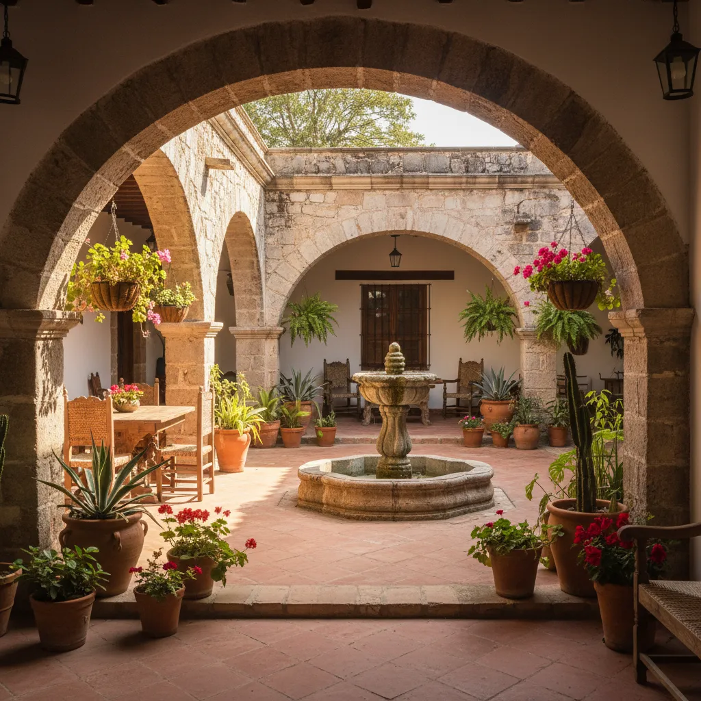 Patio interior de casa rústica mexicana con arcos y plantas