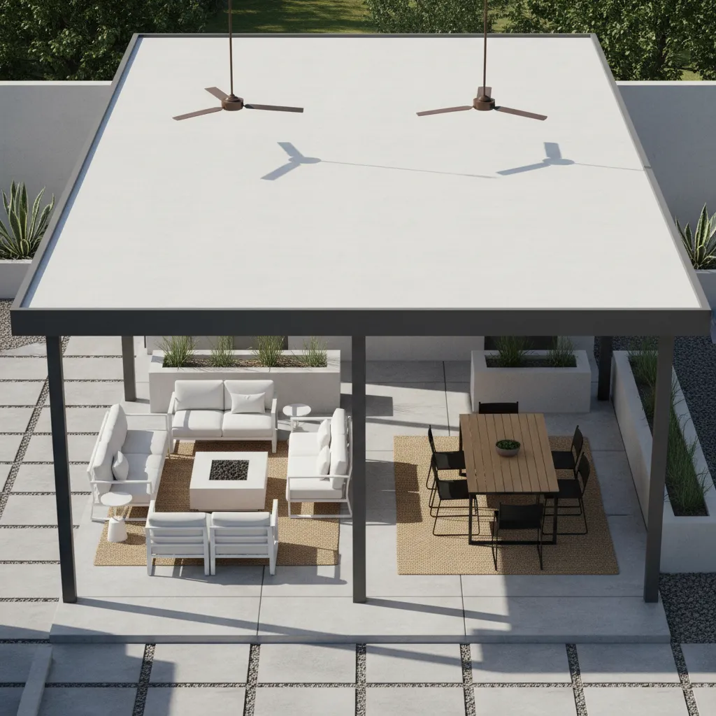 Diagram style layout showing ceiling fan placement across a large patio