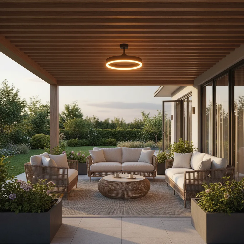 covered patio with outdoor ceiling fan including integrated light