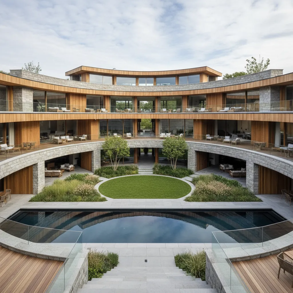 Casa con patio central rodeado por niveles escalonados