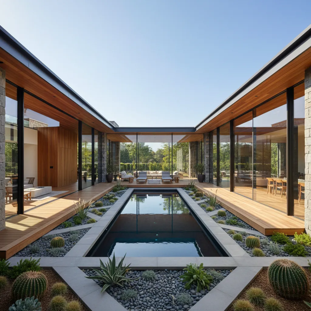 Patio interior de una casa en forma de U con jardín y piscina