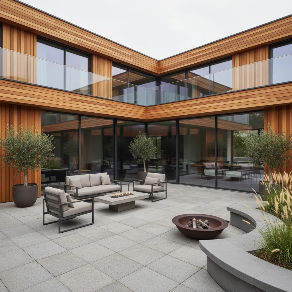 Patio interior creado por una vivienda moderna en forma de L