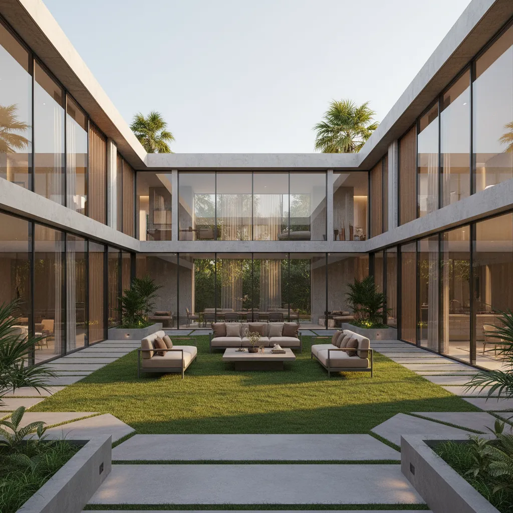 Patio central de una casa moderna en forma de U con jardín y terraza