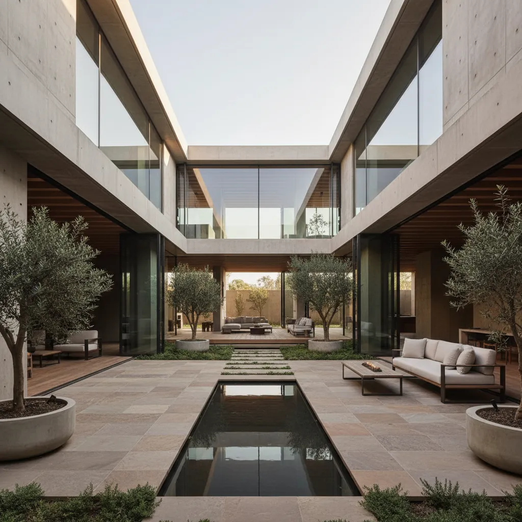 Patio central en vivienda con forma de U