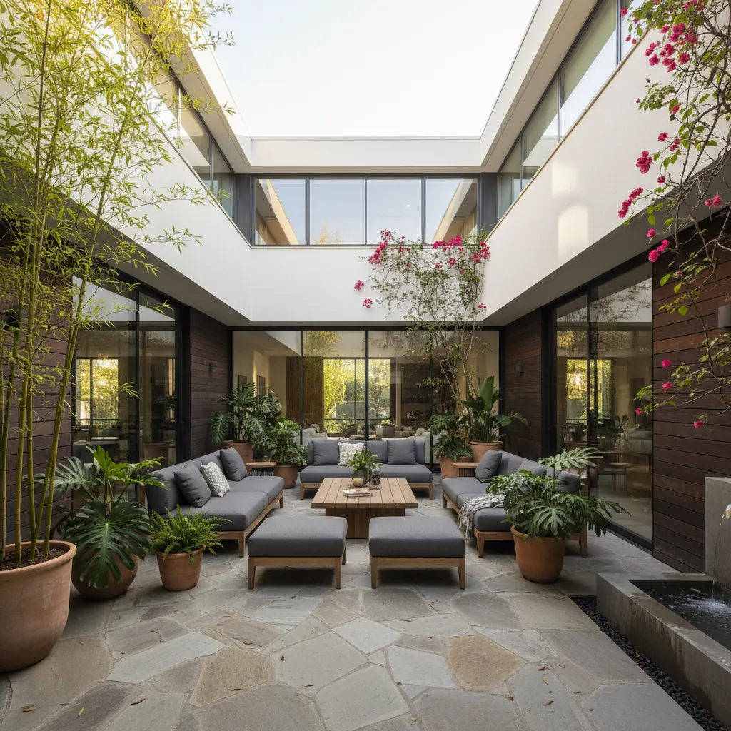 Patio interior de casa en forma de U con terraza y vegetación