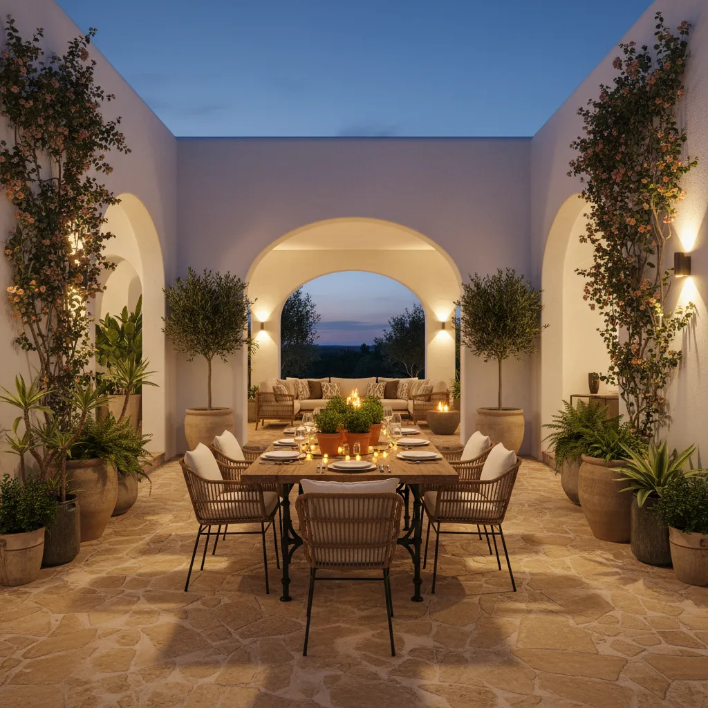 Patio interior con comedor exterior y vegetación