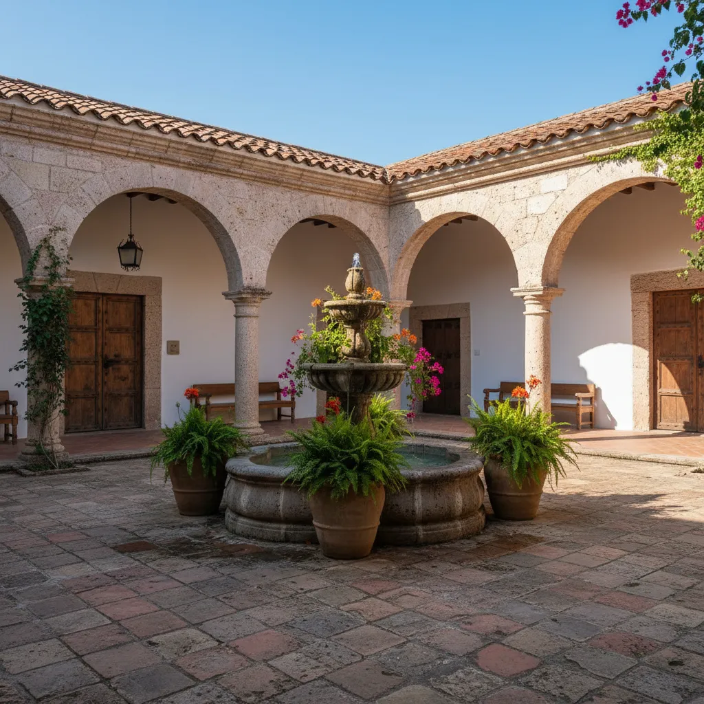 Patio central en una casa colonial española con fuente
