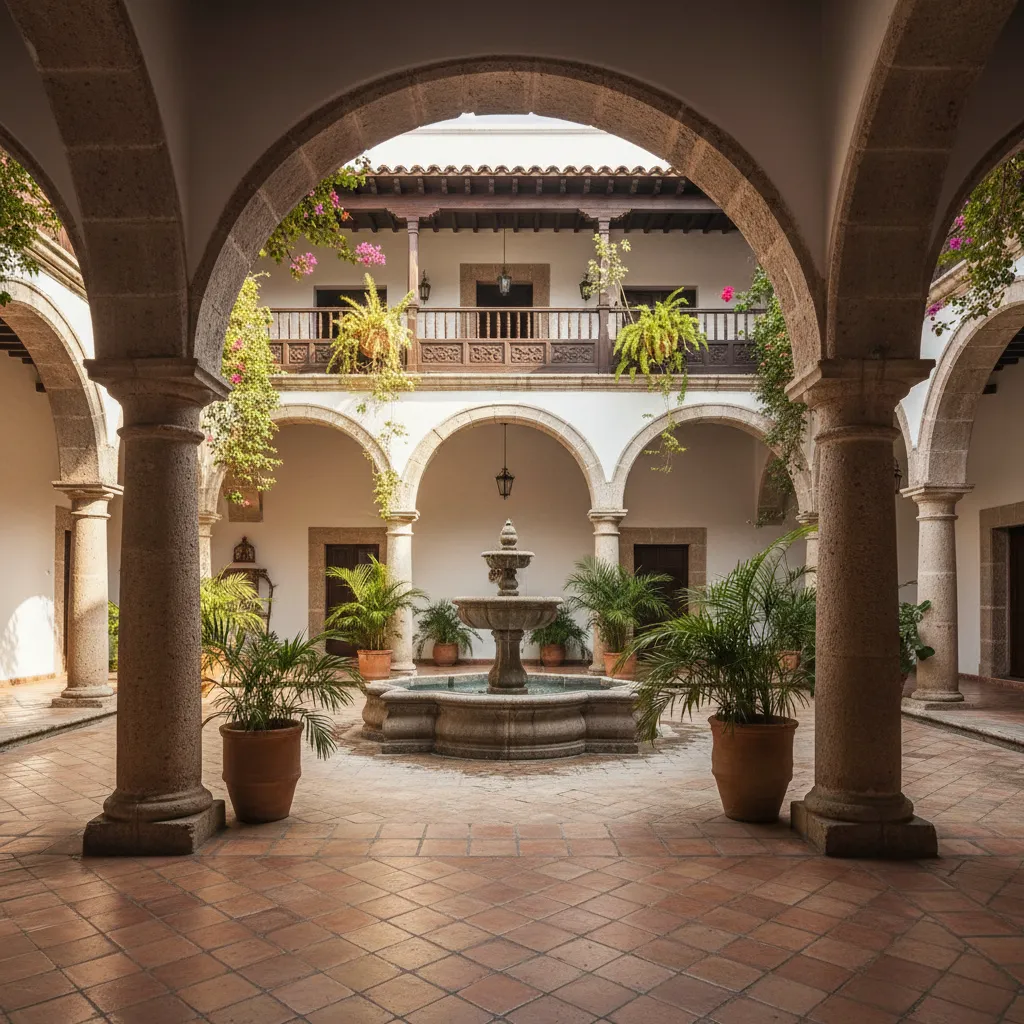 Patio interior con arcos y suelo de terracota en casa colonial