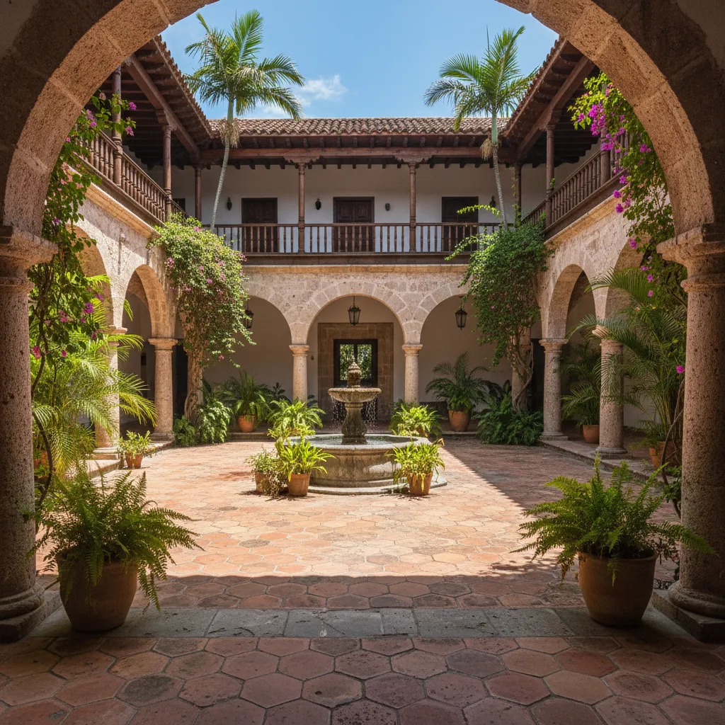 Patio central de casa colonial con galerías y columnas
