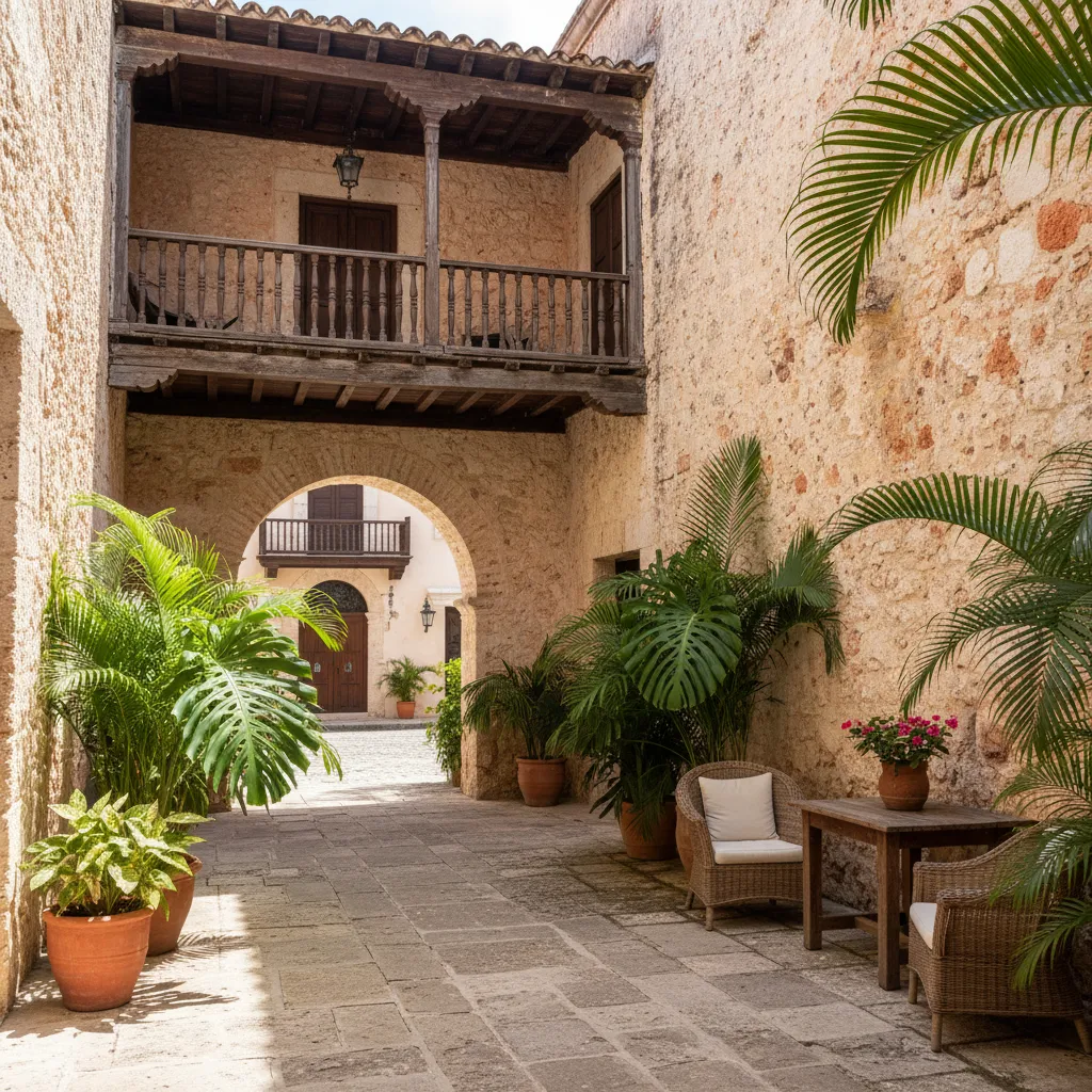Patio interior de casa colonial en Santo Domingo con vegetación