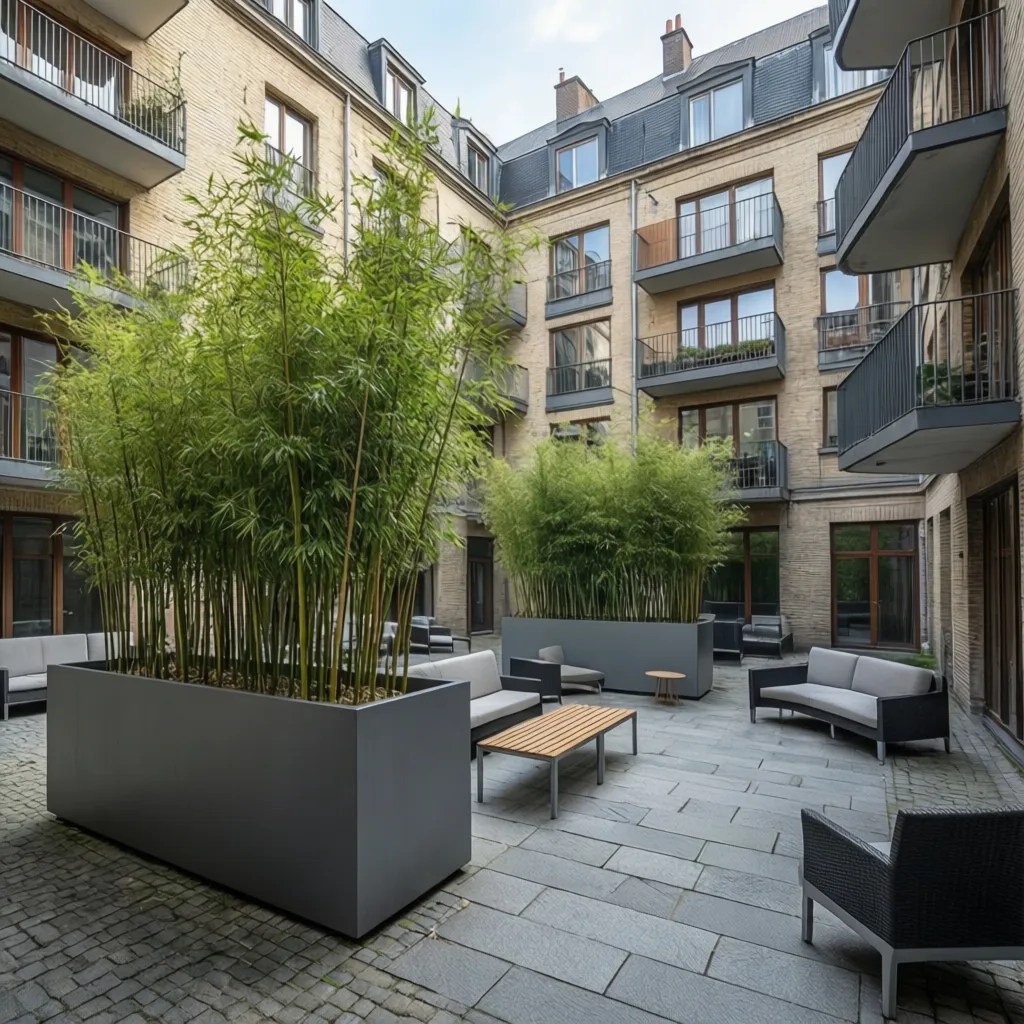 Patio interior de edificio con grandes jardineras y pavimento limpio