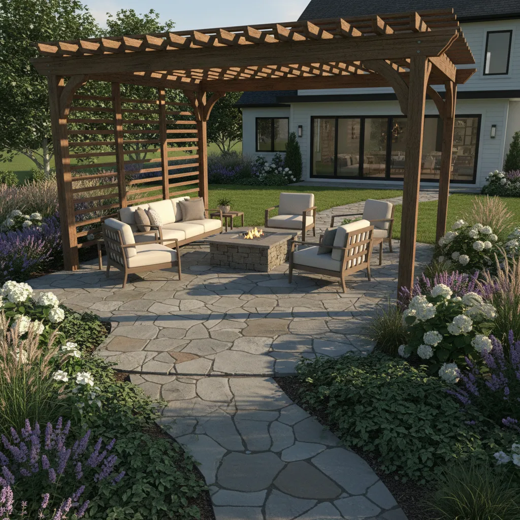 3D visualization of backyard patio layout with seating and landscaping