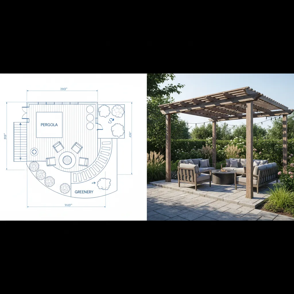 comparison of patio concept layout and finished 3D outdoor render