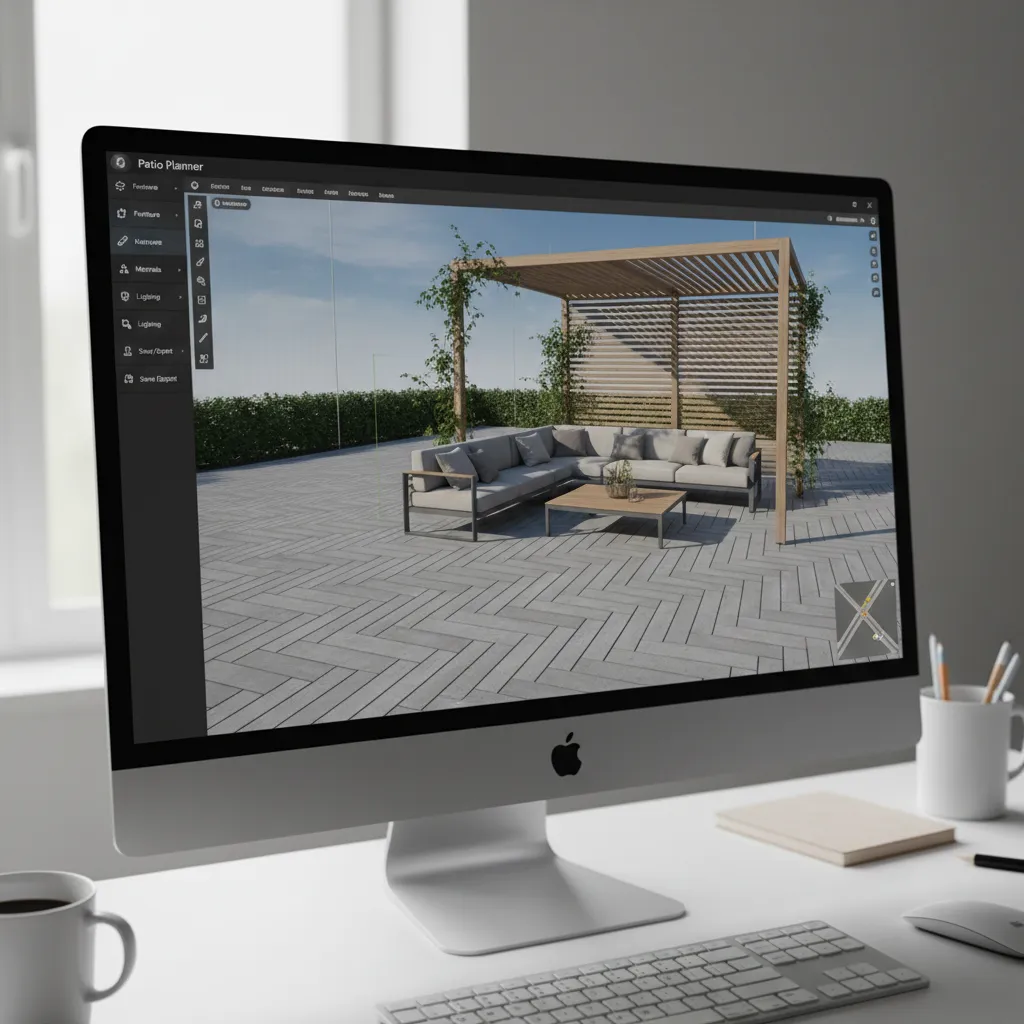 Example interface of a 3D patio planning tool showing layout and furniture placement