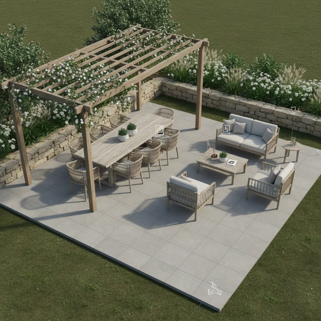 3D patio layout preview with outdoor furniture arrangement