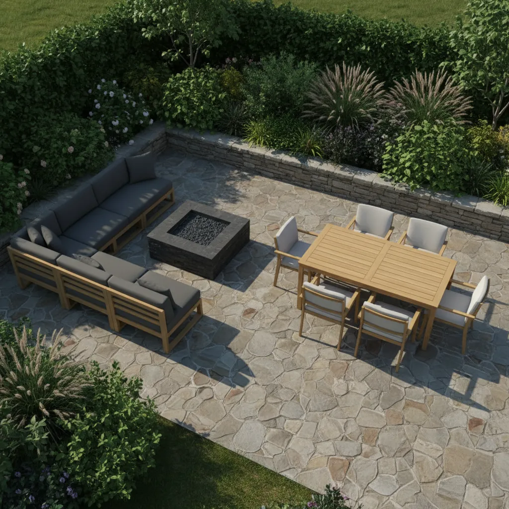 3D patio layout preview showing outdoor seating and dining zones