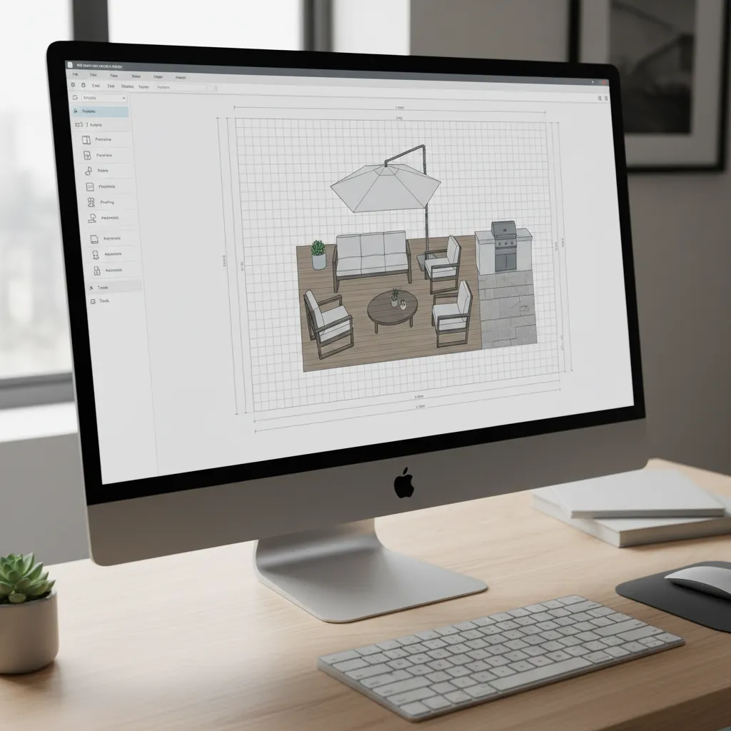 online patio design tool interface showing patio layout grid and furniture placement