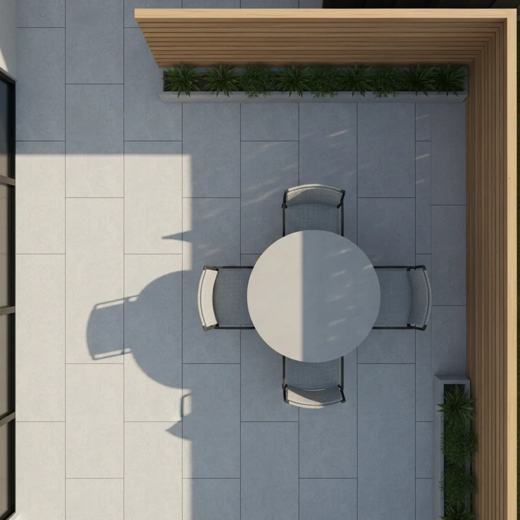 Small patio layout showing divider placed along edge leaving clear walking path