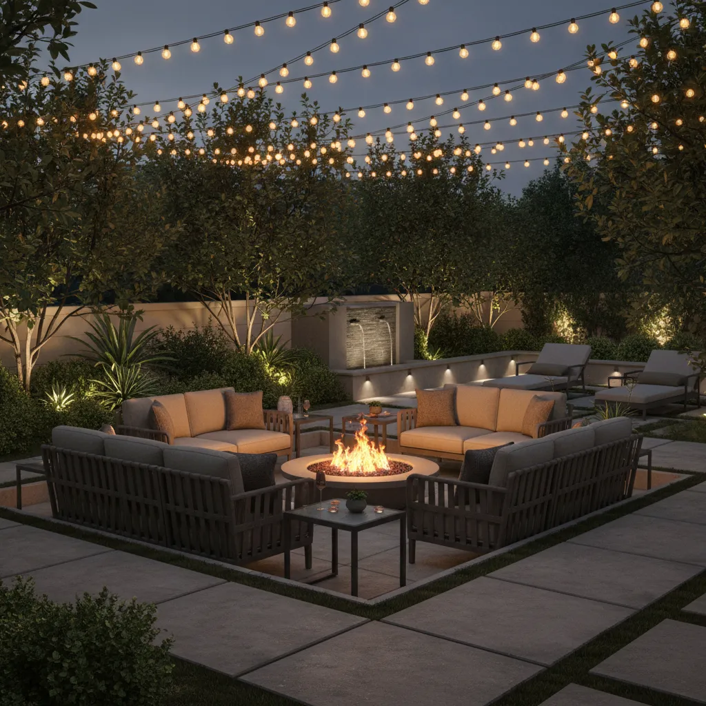 3D render of patio lighting with string lights and fire pit
