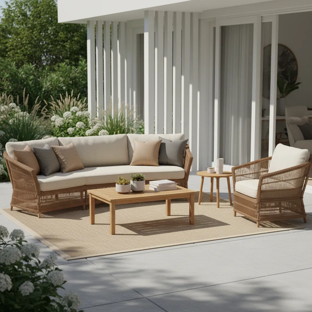 Modern outdoor patio lounge with weather resistant wicker furniture
