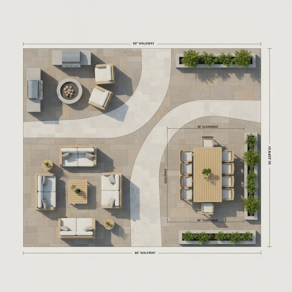 3D patio plan showing furniture spacing and walking paths