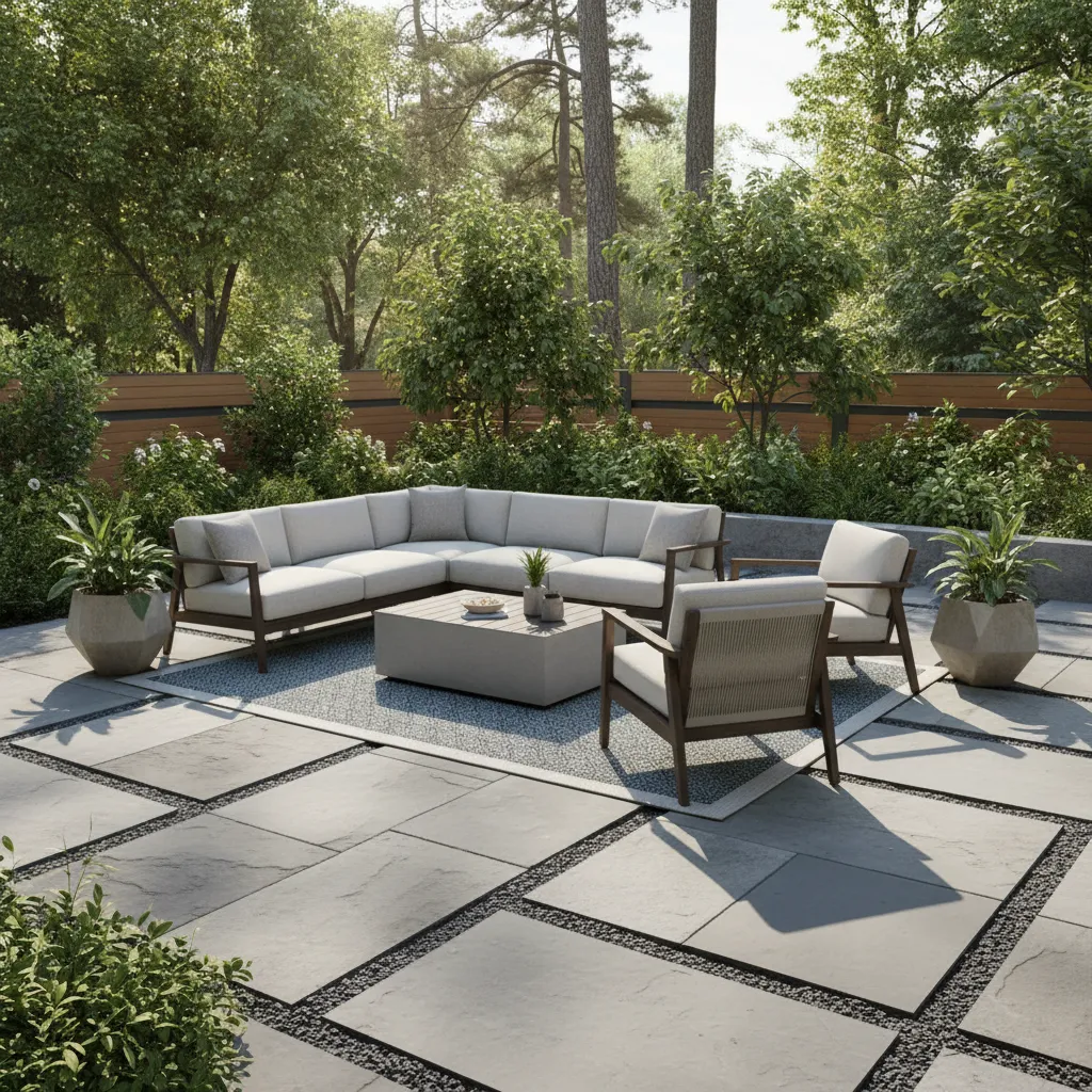 Patio furniture arranged with comfortable walkway spacing between seating