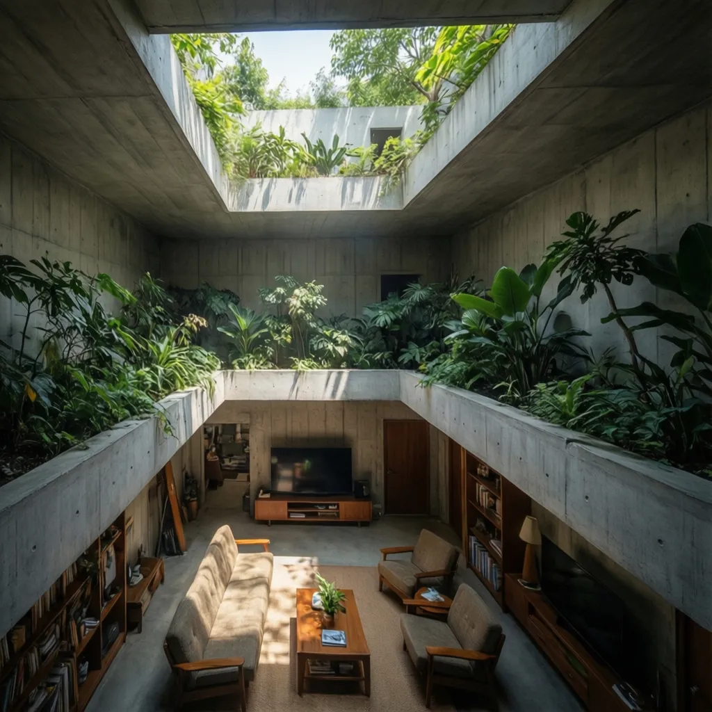 Patio inglés que permite entrada de luz a una vivienda parcialmente enterrada