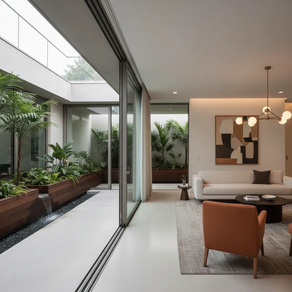Patio interior conectado al salón con puertas de vidrio