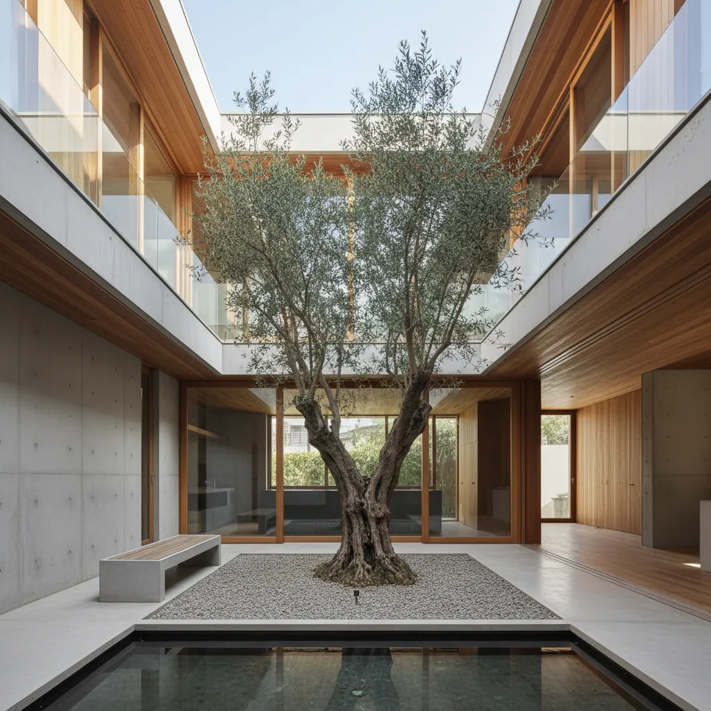 Patio interior de una casa moderna con un árbol creciendo en el centro