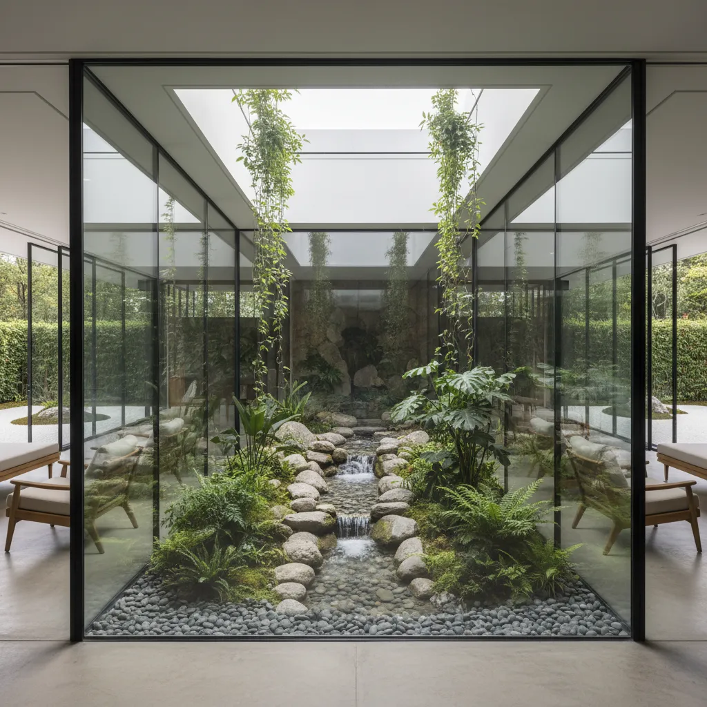 Patio interior con pequeño arroyo decorativo rodeado de vegetación