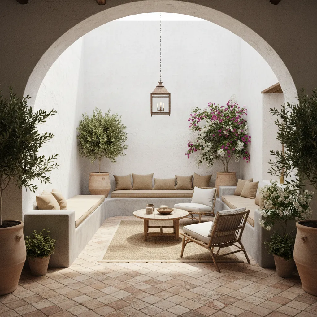 Patio interior con banco de obra integrado y vegetación
