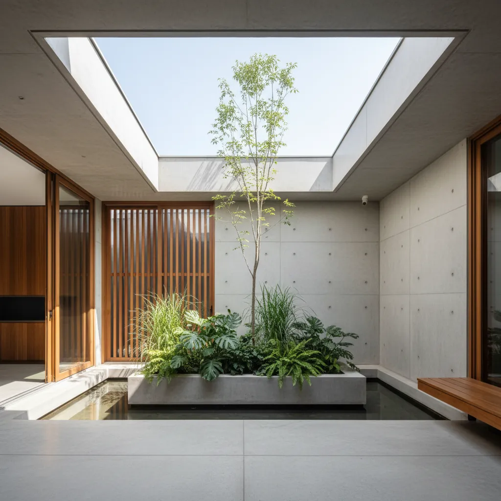 Patio interior pequeño que ilumina el centro de una casa moderna