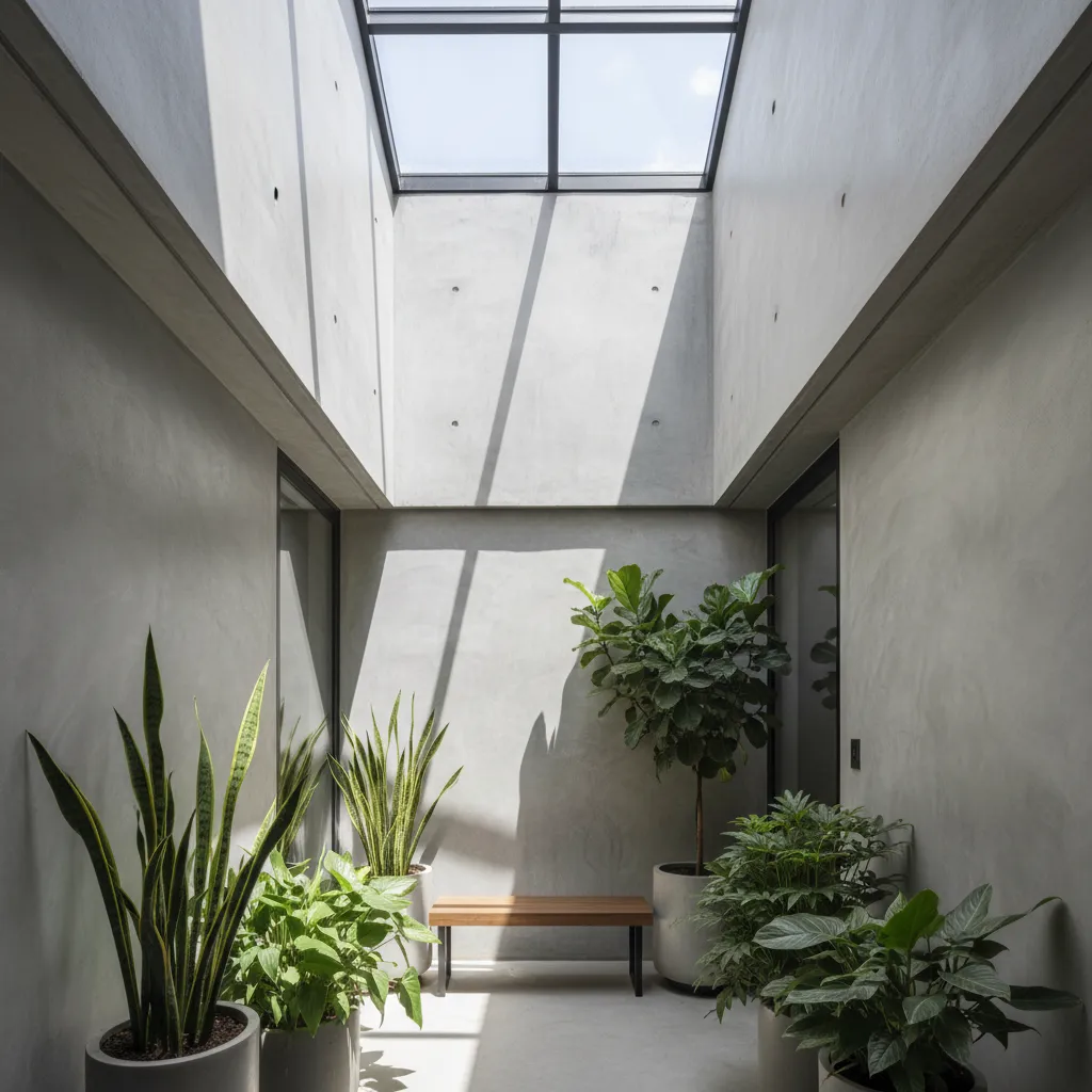 Pequeño patio interior que ilumina una casa en terreno de 10x20