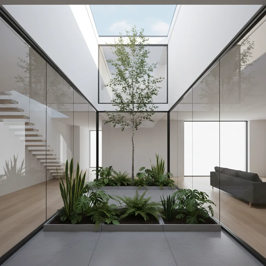 Patio interior que ilumina una casa estrecha de 9x15