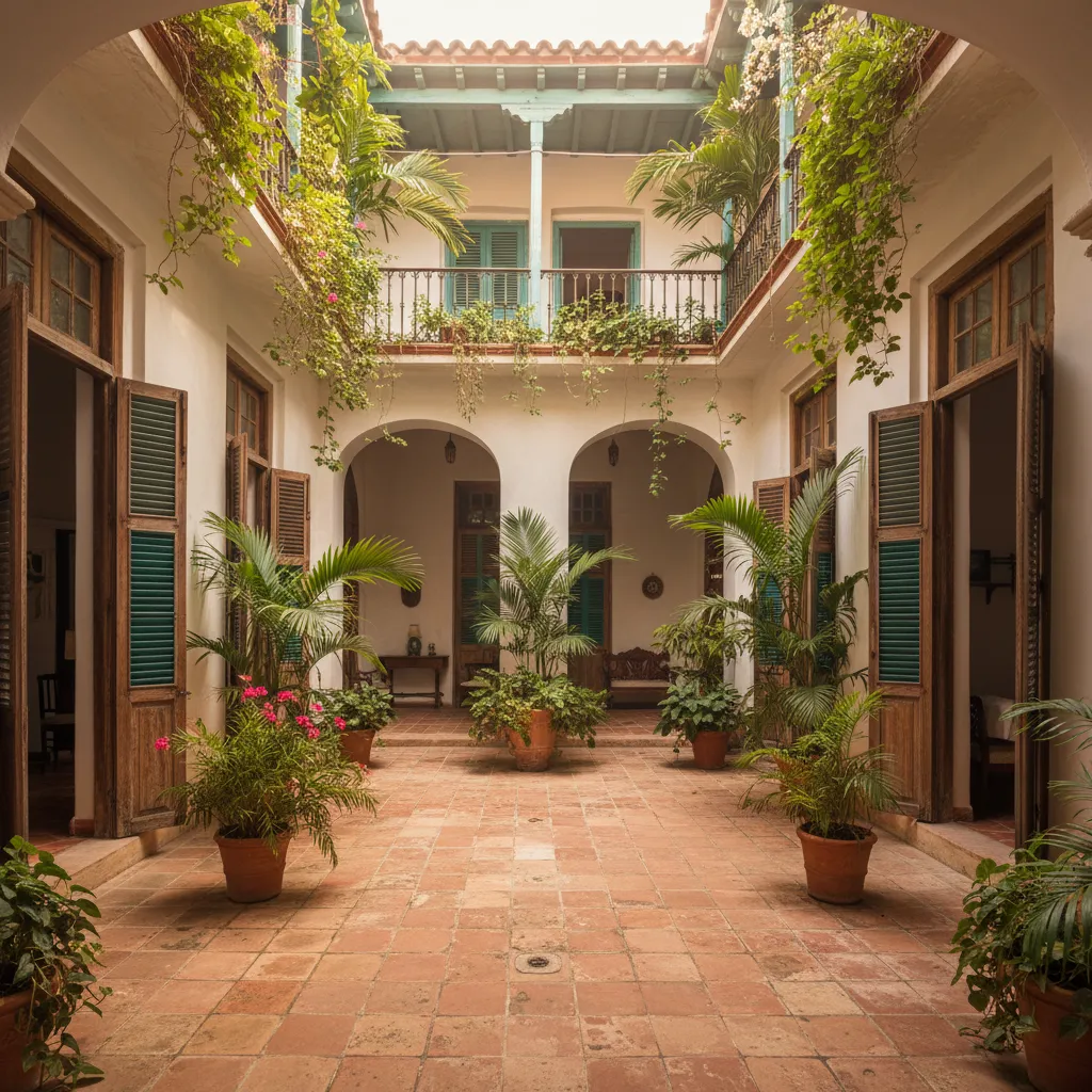 Patio interior verde dentro de una casa cubana con luz natural