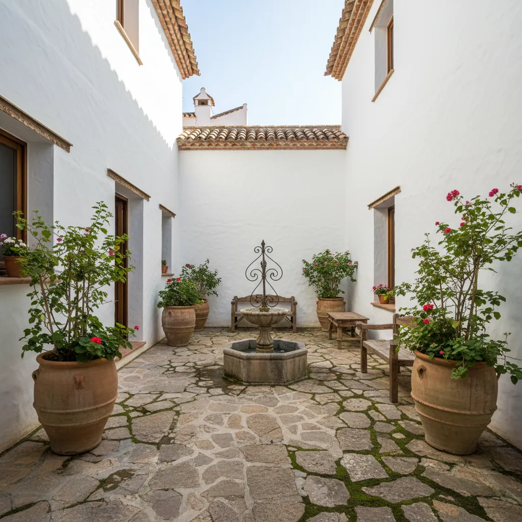 Patio interior de una casa española con plantas y luz natural