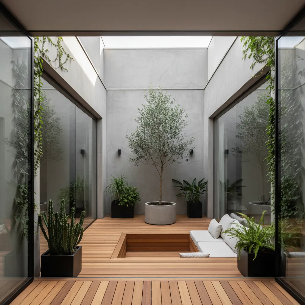 Patio interior moderno que protege la privacidad en una casa en esquina